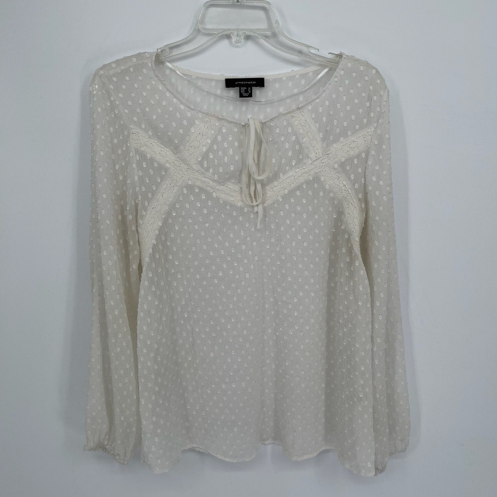 Atmosphere Women's White Swiss Dot Lace Trim Tie Neck Peasant Blouse Size 10